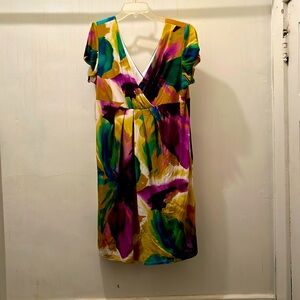 Beautiful, easy one piece jersey knit dress abstract, colorful print